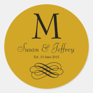 Gold Monogram Logo-Namen Datum Hochzeitslabel Runder Aufkleber
