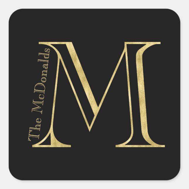 Gold Monogram M und Name auf einer beliebigen Farb Quadratischer Aufkleber (Vorderseite)