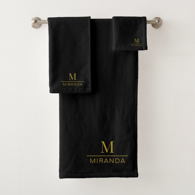 Gold Monogram Minimalistisch Modern Black Badhandtuch Set (Insitu)