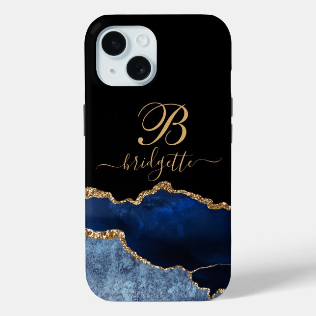 Gold Monogram Navy Blue Gold Agate Geode Case-Mate iPhone Hülle (Rückseite)