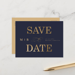 Gold Monogram Navy Contemporary Save the Date Ann Ankündigungspostkarte