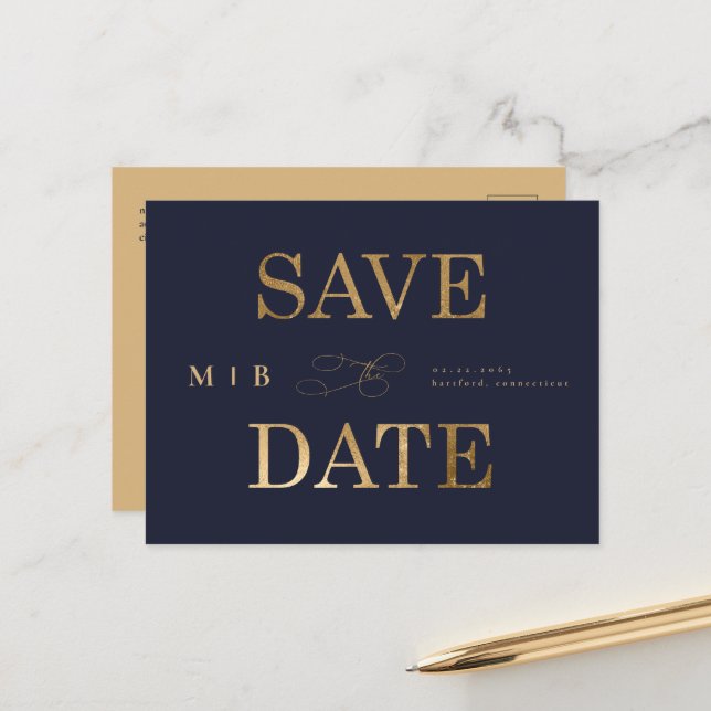 Gold Monogram Navy Contemporary Save the Date Ann Ankündigungspostkarte (Vorderseite/Rückseite Beispiel)