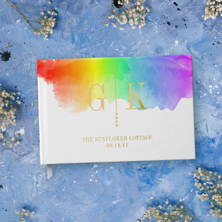 Gold Monogram Rainbow Watercolor LGBTQ Hochzeit Gästebuch