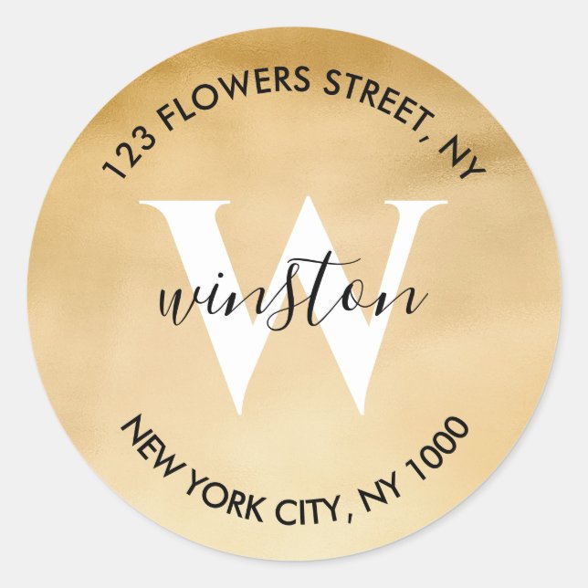 Gold Monogram Rücksendeadresse Moderner Glitzer Runder Aufkleber (Vorderseite)