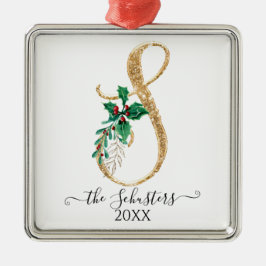 Gold Monogram S Glitzer Christmas Holly Foliage Ornament Aus Metall
