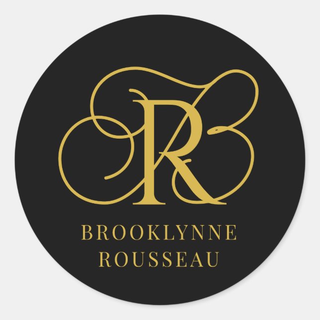 Gold Monogram Schmuck Designer Black Business Card Runder Aufkleber (Vorderseite)