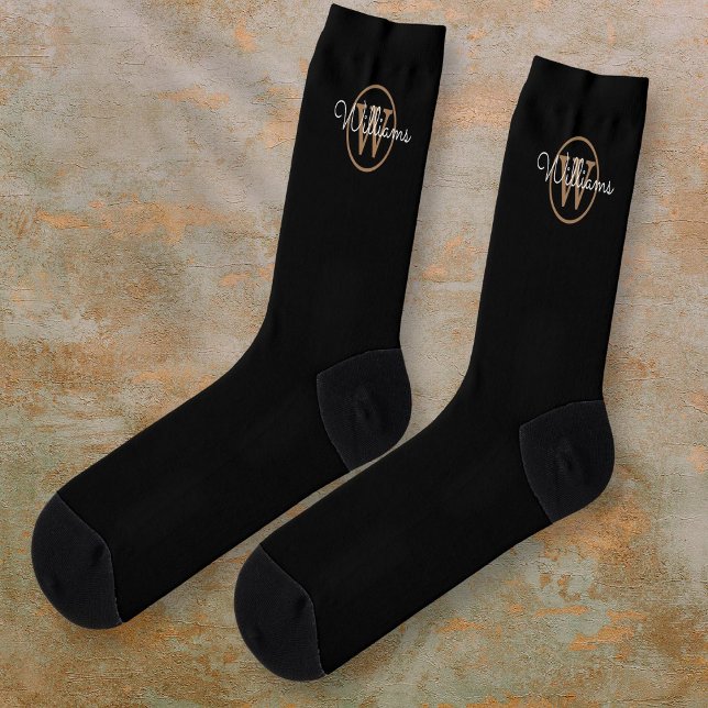 Gold Monogram Script Name Elegant Black Socken (Gold Monogram Script Name Elegant Black Socks)