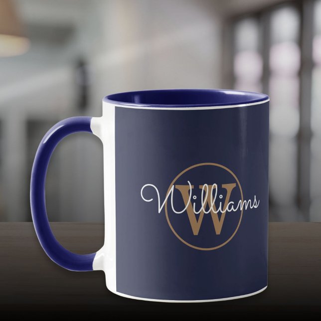 Gold Monogram Script Name Navy Blue Tasse (Gold Monogram Script Name Navy Blue Mug)