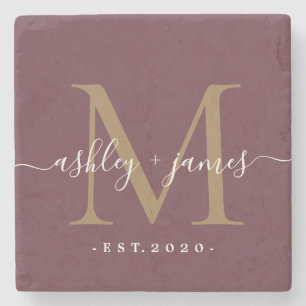Gold Monogram Script Namen Wedding Date Burgundy Steinuntersetzer