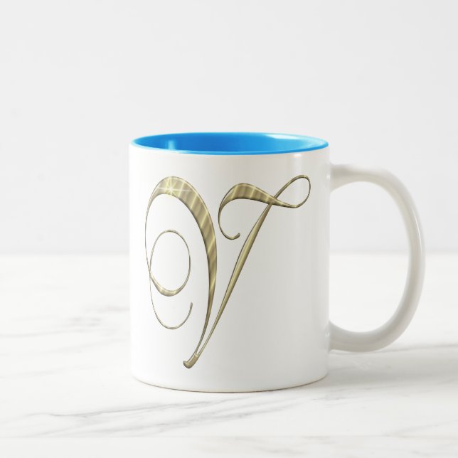 Gold monogram V initials Merchandise Zweifarbige Tasse (Rechts)