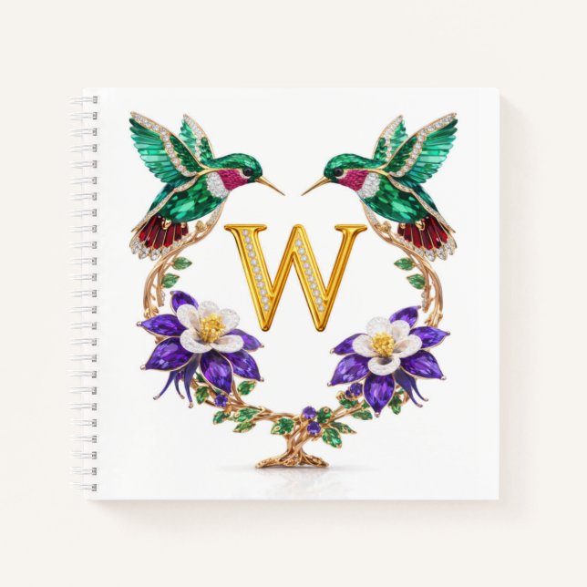 Gold Monogram W Hummingbird Jeweled Wedding Gift Notizbuch (Vorderseite)
