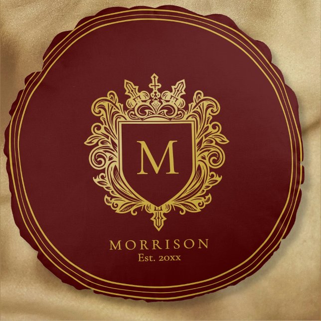 Gold Monogram Wappen Rundes Kissen (Von Creator hochgeladen)