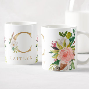 Gold Monogram Watercolor Floral Botanic Kaffeetasse