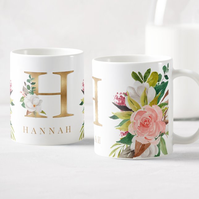 Gold Monogram Watercolor Floral Botanic Kaffeetasse (Von Creator hochgeladen)