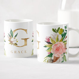 Gold Monogram Watercolor Floral Botanic Kaffeetasse