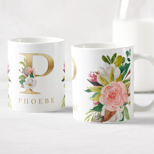 Gold Monogram Watercolor Floral Botanic Kaffeetasse