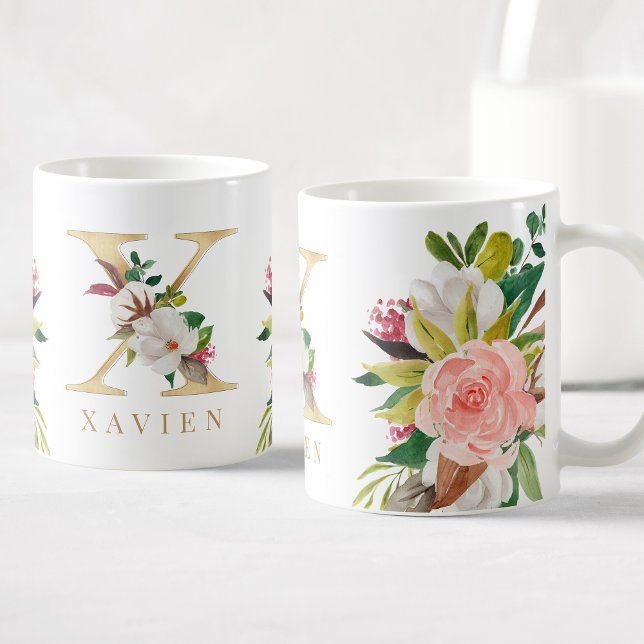 Gold Monogram Watercolor Floral Botanic Kaffeetasse (Von Creator hochgeladen)