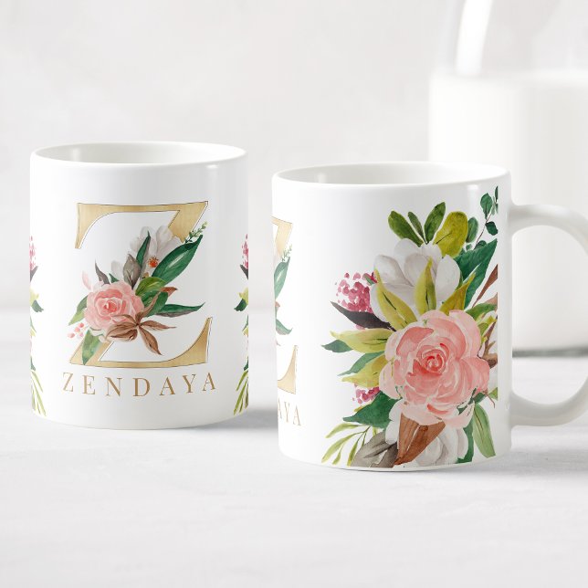 Gold Monogram Watercolor Floral Botanic Kaffeetasse (Von Creator hochgeladen)
