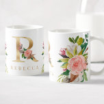 Gold Monogram Watercolor Floral Botanic Kaffeetasse<br><div class="desc">Eine personalisierte Kaffee-Tasse mit einem Imitat Goldbrief "R"-Monogramm,  mit dekorativen Aquarellbildern,  Blumen- und Blattbildern. Einfach mit Ihrem Namen anpassen oder ein einzigartiges Geschenk für Ihre Lieben schaffen.</div>