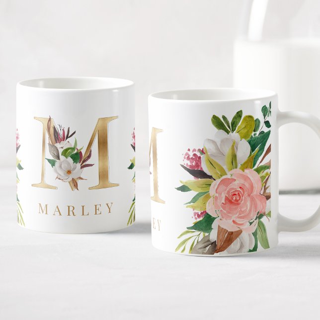 Gold Monogram Watercolor Floral Botanic Kaffeetasse (Von Creator hochgeladen)