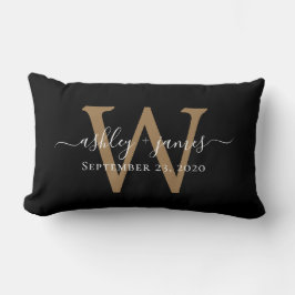 Gold Monogram Wedding Date Black Lumbar Pillow Lendenkissen