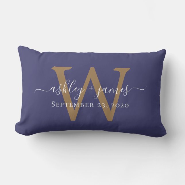 Gold Monogram Wedding Date Navy Blue Lendenkissen (Vorderseite)