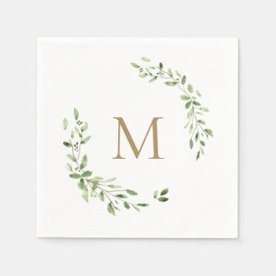 Gold Monogram Wedding Green Blätter Wappen Serviette