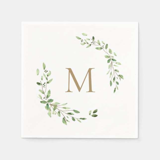 Gold Monogram Wedding Green Blätter Wappen Serviette (Vorderseite)