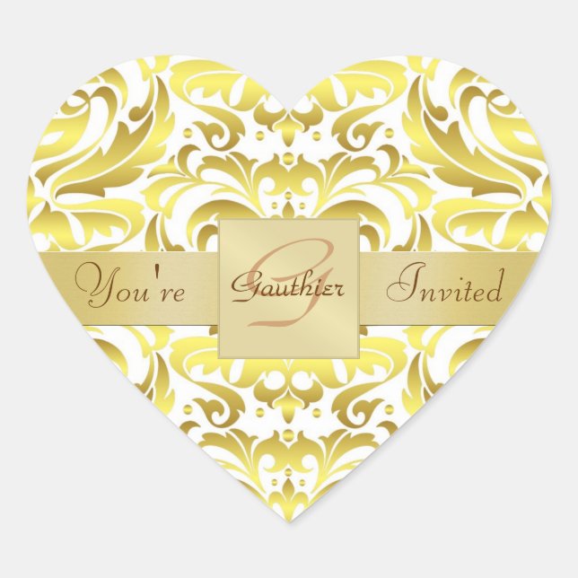 Gold Monogram White Damask Heftaufkleber Herz-Aufkleber (Vorderseite)