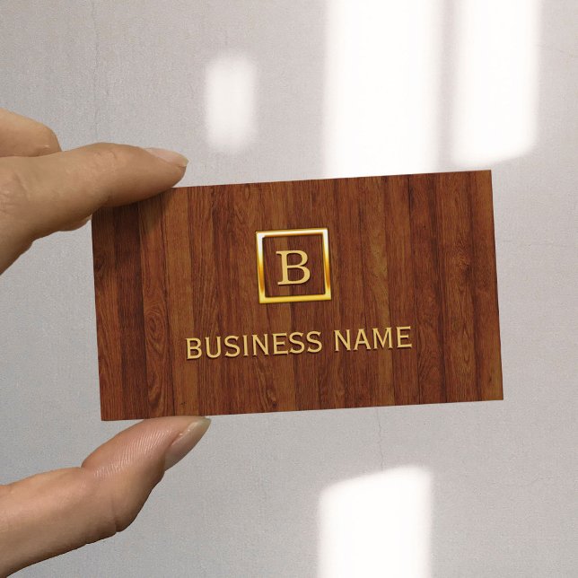 Gold Monogram Wood Beautician Business Card Visitenkarte (Von Creator hochgeladen)