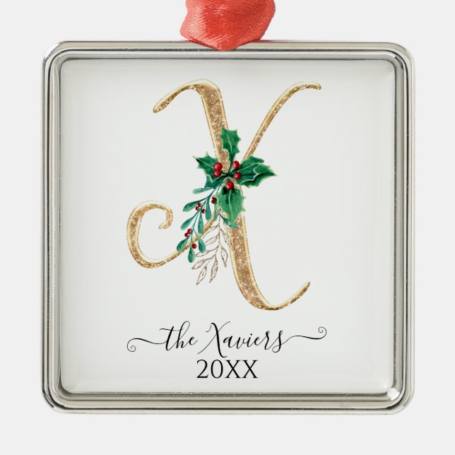 Gold Monogram X Glitzer Weihnachtsblatt Ornament Aus Metall (Vorne)
