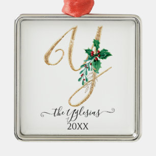 Gold Monogram Y Glitzer Christmas Holly Foliage Ornament Aus Metall