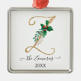Gold Monogram Z Glitzer Christmas Holly Foliage Ornament Aus Metall