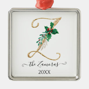 Gold Monogram Z Glitzer Christmas Holly Foliage Ornament Aus Metall
