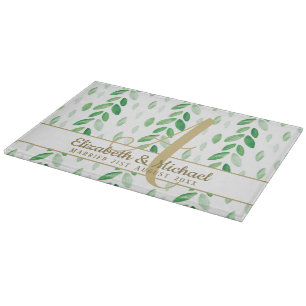Gold Monogramm Botanische Aquarell-Grün-Hochzeits Schneidebrett