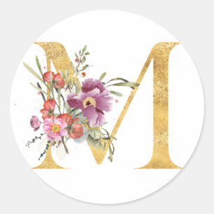 Gold-Monogramm Buchstabe M mit Blume Runder Aufkleber