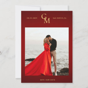 Gold Monogramm Dunkelrotes Moody Foto Leidenschaft Save The Date