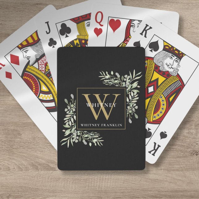 Gold Monogramm Elegante Grüne Moderne Schwarz Spielkarten (Gold Monogram Elegant Greenery Modern Black Poker Cards)