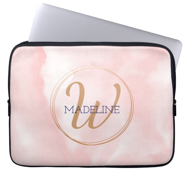 Gold Monogramm Gold mit rosa Aquarellfarbe Laptopschutzhülle (Vorderseite)