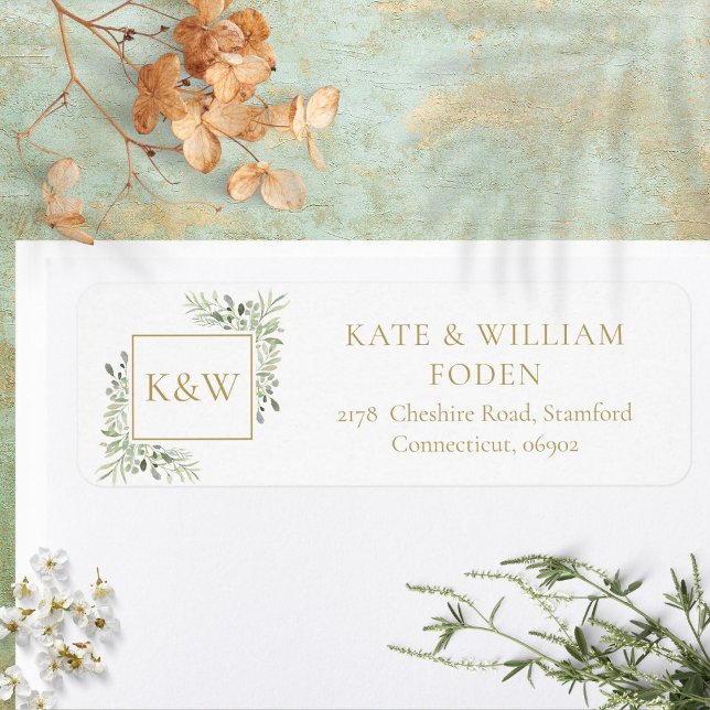 Gold-Monogramm-Grünpflanzen-Adresse (Gold Monogram Greenery Foliage Address Label)