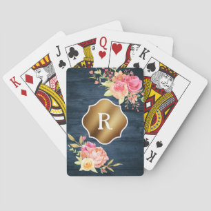 Gold Monogramm rosa Blumen rustikale Navy Holz Spielkarten