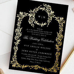 Gold Monogramm Schwarze Crest Klassische Hochzeit Folieneinladung