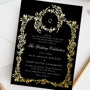Gold Monogramm Schwarze Crest Klassische Hochzeit Folieneinladung