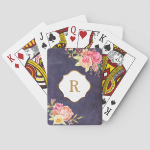 Gold-Monogramm und Blumen auf altvioletter Textur Spielkarten