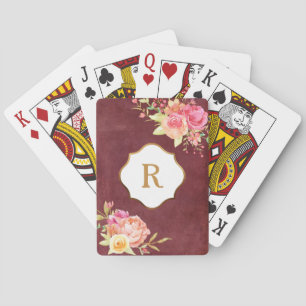 Gold-Monogramm und Florales auf Vintage-rotem Hint Spielkarten
