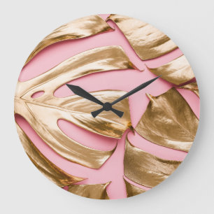 Gold Monstera Blätter: Pastellrosa. Große Wanduhr