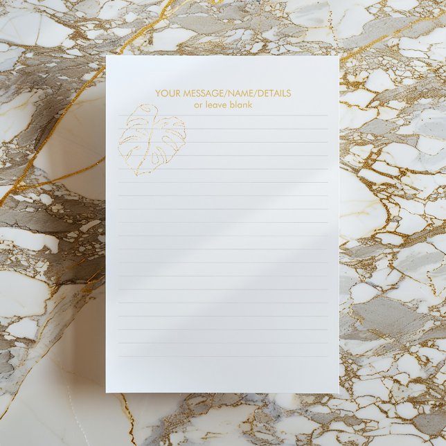 Gold Monstera Pflanze Blatt, mit Goldkäse Pflanze  Notizblock (Minimalist lined notepad with gold monstera header and space for a custom message.)