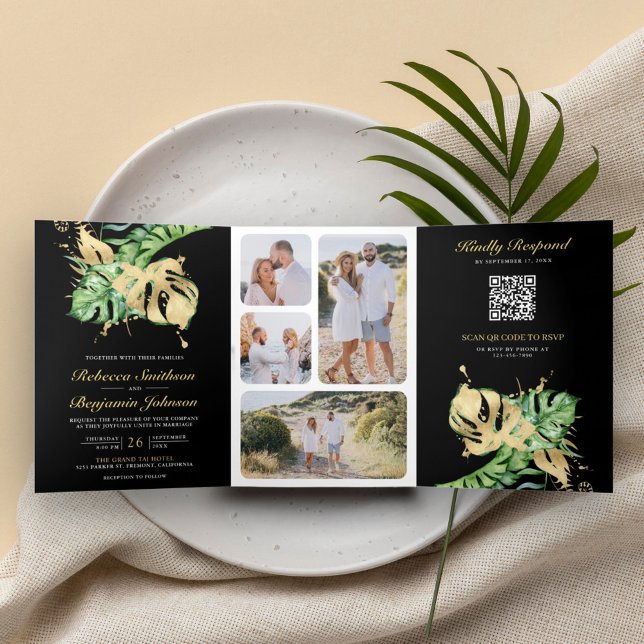 Gold Monstera Tropical Palm Black QR Code Hochzeit Dreifach Gefaltete Einladung (Von Creator hochgeladen)