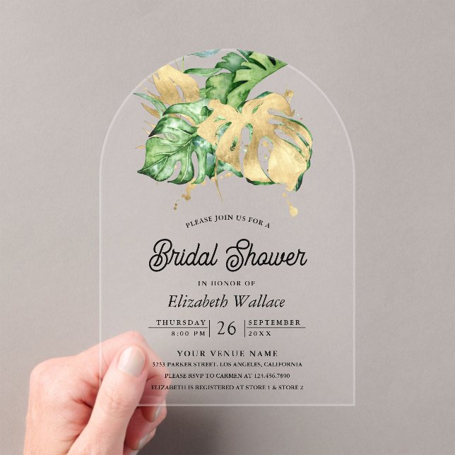 Gold Monstera Tropical Palm Bridal Shower Acryleinladungen (Insitu (Handheld))