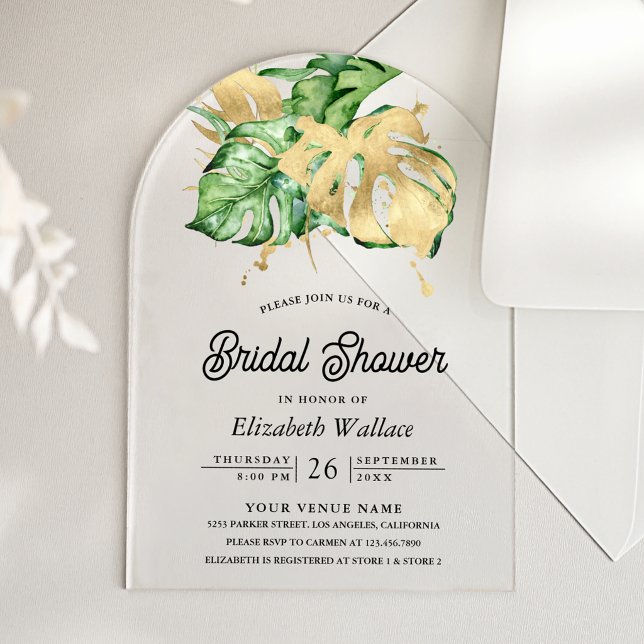 Gold Monstera Tropical Palm Bridal Shower Acryleinladungen (Von Creator hochgeladen)